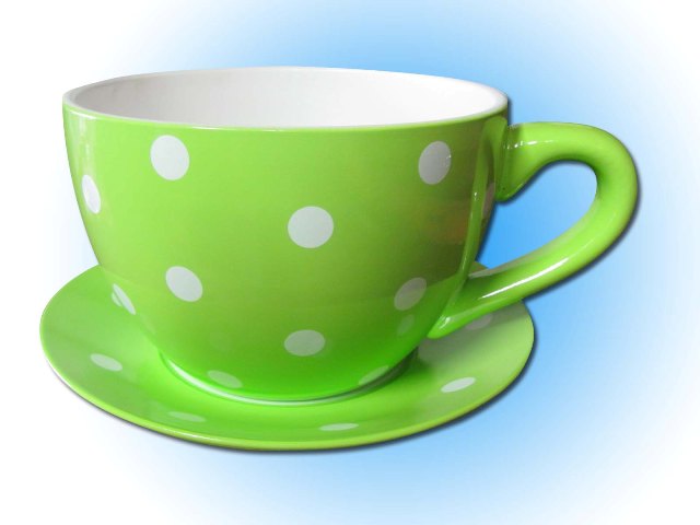 Teacup w/saucer large green w/white dots (25cm dia x 18cm high) 2 in stock