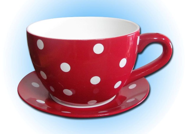 Teacup w/saucer large red with white dots (25cm dia x 18cm high) 2 in stock